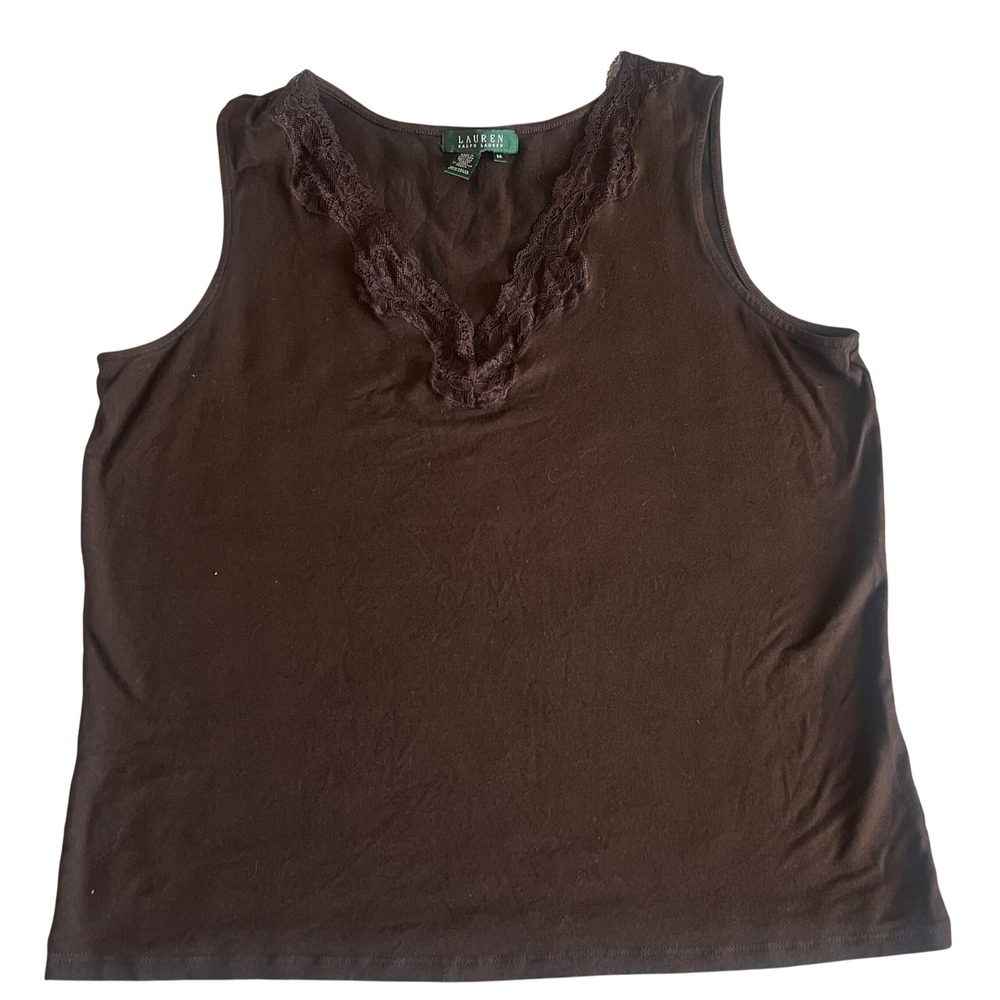 Lauren Ralph Lauren Chocolate Brown Lace Trim V-Neck Tank Top 2X